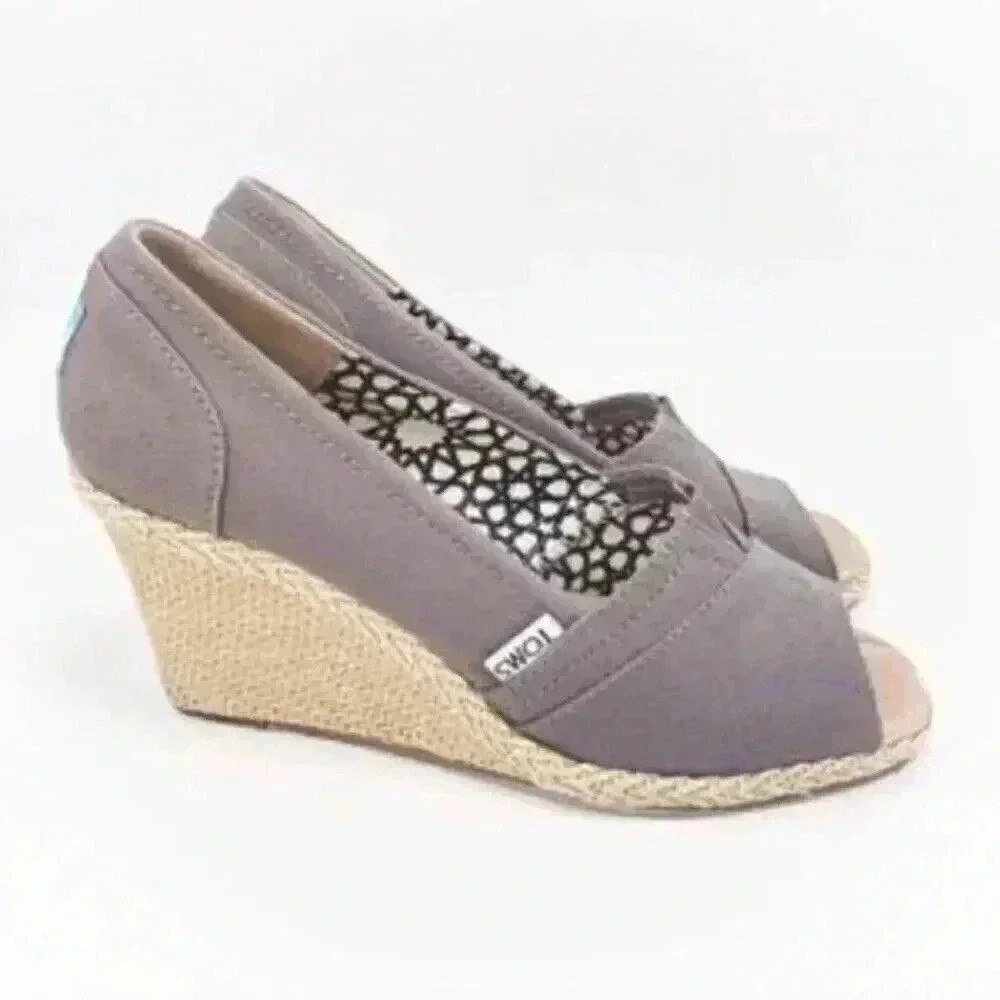 TOMS Calypso Wedge Sandals Women 6 Grey Canvas Espadrille